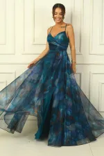 Kadın İp Askılı Arkası Bağcıklı Önü Drapeli Çiçekli Organze Uzun Elbise