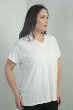 Women's Shoulder Stone Print V-Neck Batwing Sleeve BB Blouse