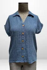 Kadın Polo Yaka Kendinden Desenli Keten Gömlek