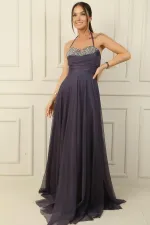 Önü Drapeli Taş Detaylı Astarlı Uzun Tül Abiye Elbise