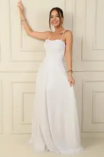 İp Askılı Balenli Üstü Drapeli Astarlı Tül Simli Uzun Abiye Elbise