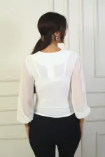Front Strapless V-Neck Chiffon Blouse with Embellished Sleeves