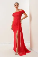 Önü Büzgülü Düşük Kol Astarlı Simli Uzun Elbise