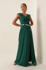 Long Chiffon Dress with Ruffled Neckline and Belt, and Slit