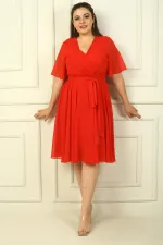 Kadın Kruvaze Yaka Volan Kollu Astarlı B.B Şifon Elbise