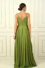 Kadın İp Askılı Yanları Yırtmaçlı Astarlı Volanlı Şifon Uzun Elbise