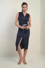 Kadın Kruvaze Yaka Önü Pileli Beli Kemerli Krep Saten Elbise