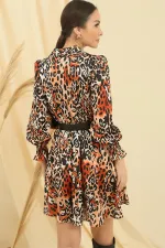 Wrap-around polo shirt, belted waist, lined, leopard print satin dress.