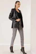 Tek Düğmeli Sahte Cepli Astarlı Deri Ceket