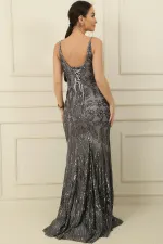 Women's Strappy Beaded and Sequined Shawl Patterned Lined Wide-Sized Long Fishtail Dress