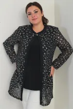 Kadın Uzun Kollu Likralı Bluz Yaldızlı Yaprak Baskılı Şifon Ceket Büyük Beden 2'li Takım