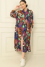 Kol Katlamalı Önü Düğmeli Cepli Rahat Kalıp Desenli Viskon Uzun Elbise