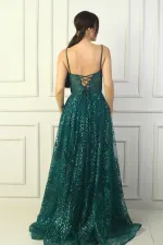 Kadın İp Askılı Boncuk Detaylı Pul İşlemeli Astarlı Uzun Abiye Elbise