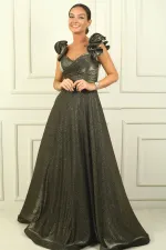 Düşük Volan Kol Drapeli Astarlı Simli Uzun Elbise