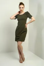 Women's Boat Neck Dress with Buttoned Sleeves, Pleated, and Zipper Back