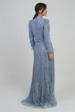 Kadın Kolu Tüylü Boncuk Ve Pullu Astarlı Tül Uzun Elbise