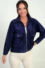 Women's Suede Coat with Pocket and Zipper Front