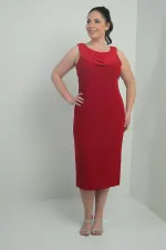 Plus Size Crepe Midi Dress with V-Neck and Stone Embellishments, Lined