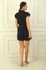 Kadın Sahte Cepli Kuşaklı Düşük Omuz Şortlu Tulum