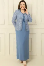 Robe longue à manches demi-lune avec veste en tulle brodée de perles et de sequins, doublée, ensemble deux pièces grande taille