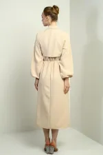 Women's Button-Down Detachable Vest, Elastic Waist, Long-Sleeved Midi Dress