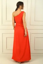 Women's One-Shoulder Long Crepe Satin Dress with Side Window Detail