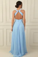 Sırt Dekolteli Önü Düğüm Detaylı Astarlı Pileli Uzun Şifon Abiye Elbise