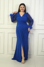 Women's Wrap Neckline, Draped Front, Beaded and Sequin Detail, Feathered Tulle Sleeves, Lined, Plus Size Sandy Long Evening Dress