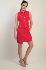 Women's Sleeveless Short Dress with Double Pockets and Button Detail