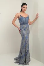 Women's Beaded and Stone Detailed Lined Underwired Long Dress with Transparent Top