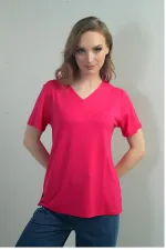 Women's V-Neck Short-Sleeve Blouse with Slit