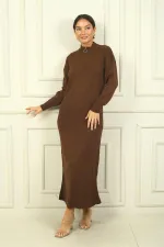 Round Neck, Zip-Up Long Sleeve Knitted Dress