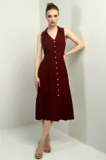 Robe midi en lin à col polo pour femme, ornée d'un pli sur le devant et de boutons.