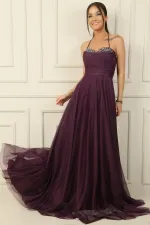 Önü Drapeli Taş Detaylı Astarlı Uzun Tül Abiye Elbise