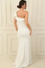 Tek Omuz Şerit Taşlı Eteği Yırtmaçlı Astarlı Uzun Krep Abiye Elbise