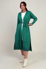 Gilet long pour femme avec manches boutonnées, poches et fentes latérales