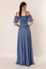 Long Dress with Pleated Neckline, Balloon Sleeves, Lined, and Glittery Embellishments.