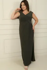 Wrap Neckline, Front Knot Detail, Lined, Slit, Plus Size Lycra Long Dress