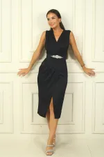 Women's Wrap Neckline Front Pleated Belted Crepe Satin Dress