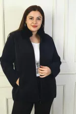 Kadın Seyyar Kürklü Yaka Önü Fermuarlı Yandan Cepli Büyük Beden Akrilik Ceket