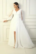 Robe longue en mousseline de soie, col en V, drapée sur le devant, doublée, manches détaillées en tulle guipure, taille large