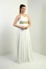 Kadın Tek Omuz Askılı Önü Hasır Astarlı Şifon Uzun Elbise