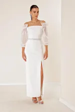 Kare Yaka Kolları Organze Önü Yırtmaçlı Beli Kemerli Uzun Elbise