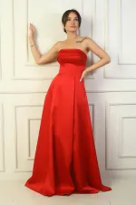 Women's Strapless Lined Long Satin Evening Dress with Pockets