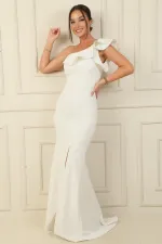 Tek Omuz Şerit Taşlı Eteği Yırtmaçlı Astarlı Uzun Krep Abiye Elbise