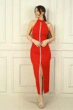 Robe longue en crêpe à col halter pour femme, fendue sur le devant et ornée d'une pierre centrale