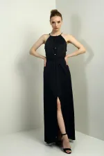 Robe longue en velours côtelé satiné à bretelles, col halter et ceinture fendue sur le devant pour femme