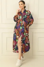 Kol Katlamalı Önü Düğmeli Cepli Rahat Kalıp Desenli Viskon Uzun Elbise