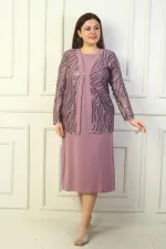 Women's Sequin and Glitter Embellished Tulle Jacket, Long-Sleeved Lined Crepe Dress, Plus Size Two-Piece Set