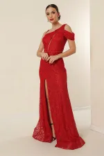 Tek Taraf İp Askılı Beli Boncuklu Astarlı Pul İşlemeli Önü Yırtmaçlı Uzun Balık Elbise